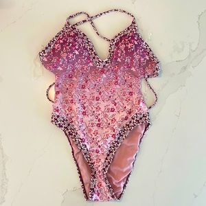 Lucky Brand Purple Floral Low-back Cheeky One Piece Bathing Suit Size Medium